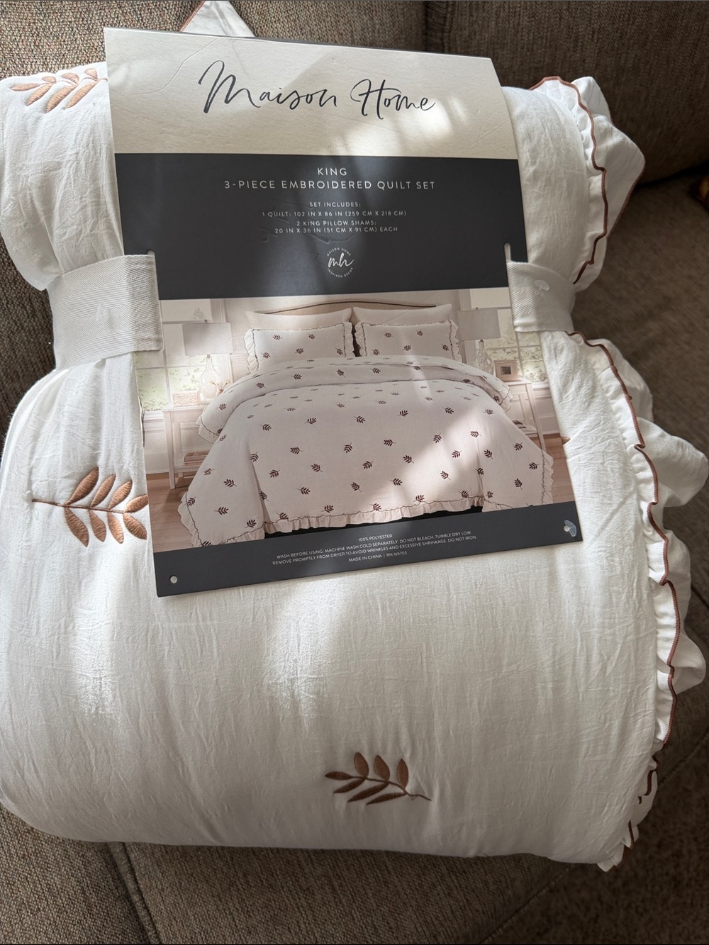 Embroidered King Quilt Set in Cream with Brown Leaf Motif